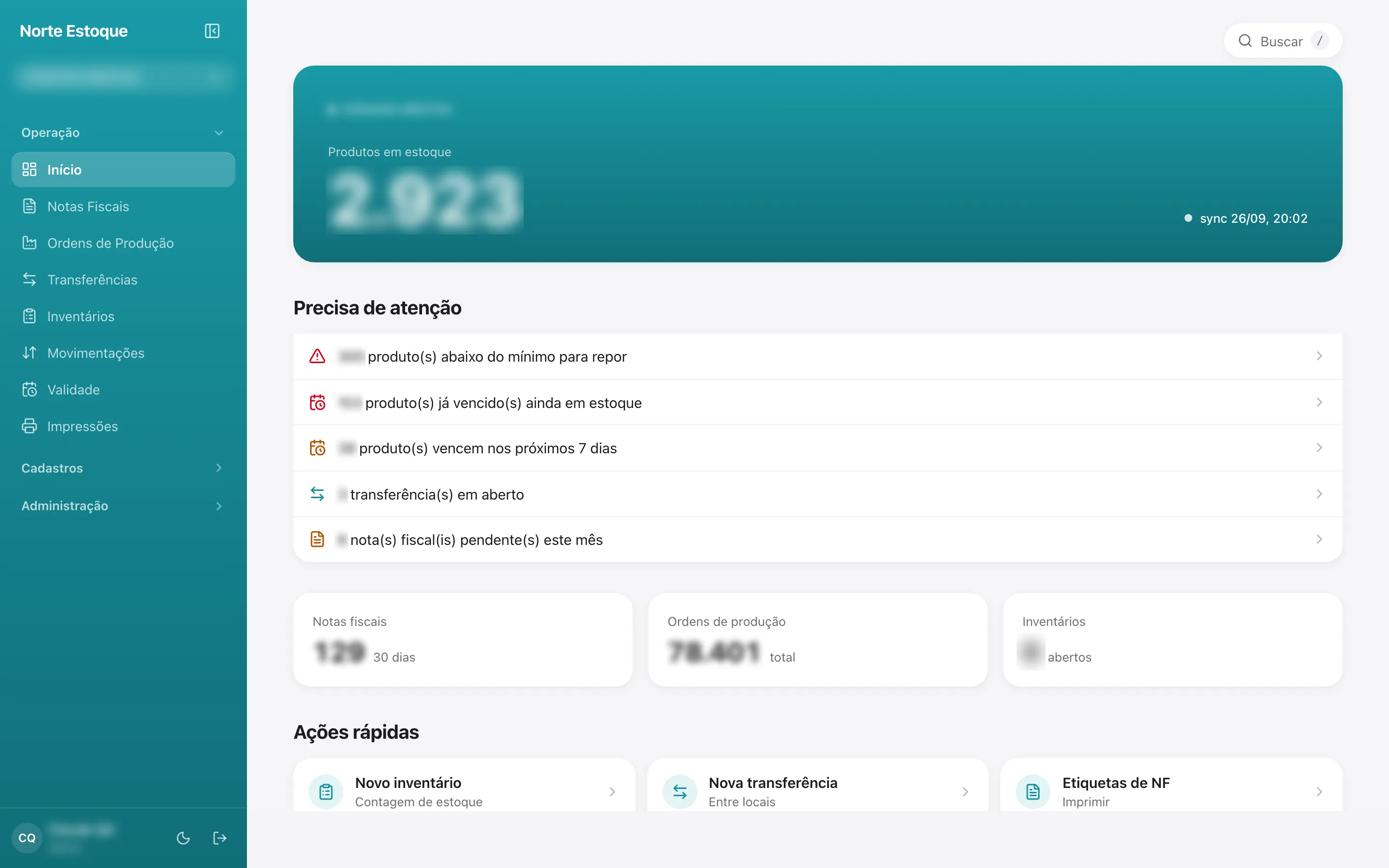 Tela inicial do Norte Estoque com total de produtos e alertas do dia