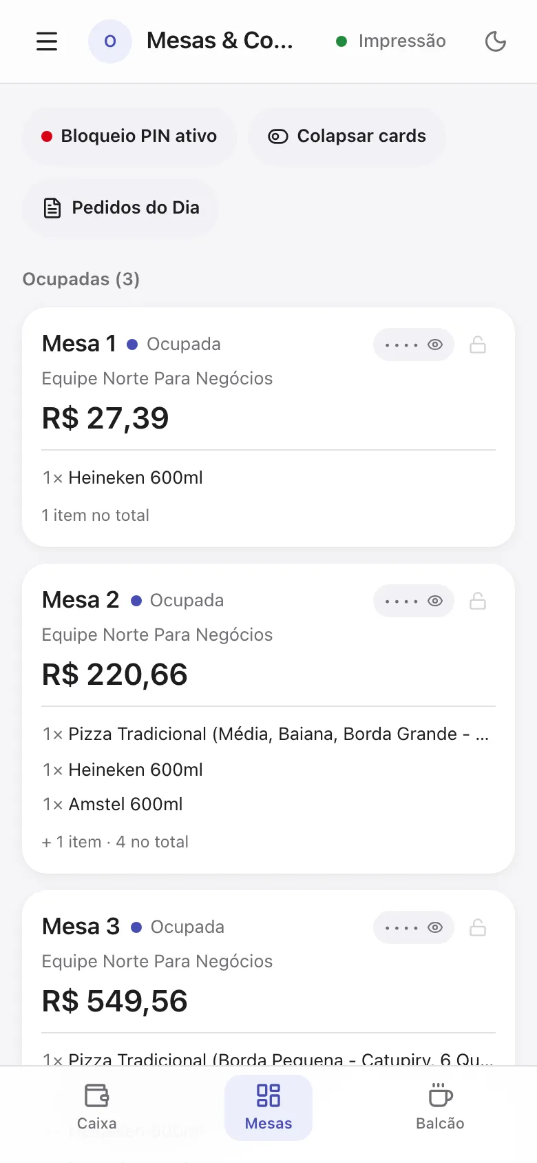 Mesas ocupadas com os itens e o valor de cada comanda